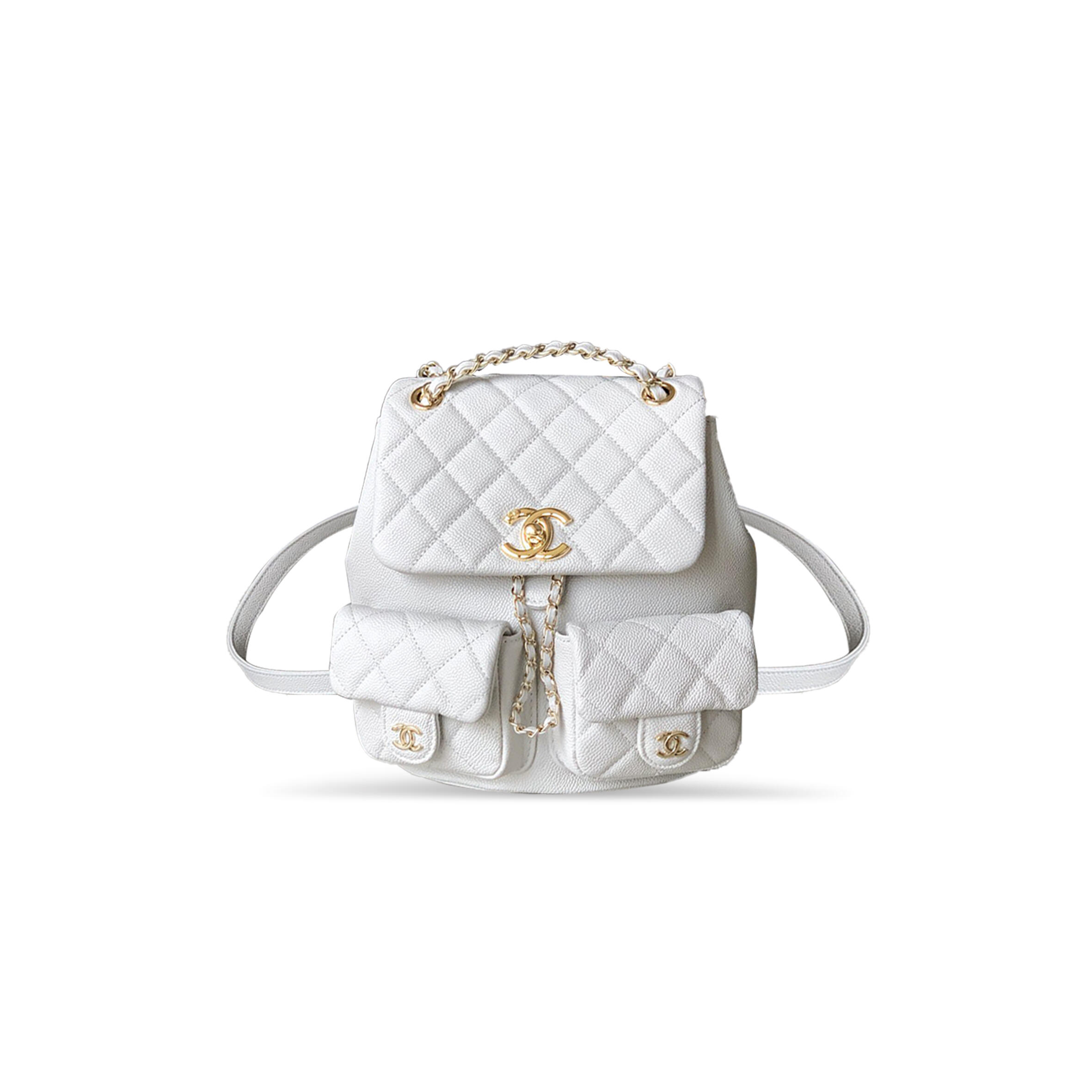 Ch**el largr shiny caviar quilted duma pockets drawstring backpack white 129230 (21*20*12cm)